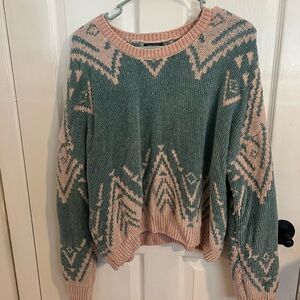 Wild Fable Pink and Green Crew Neck Sweater with Bold Geometric Design